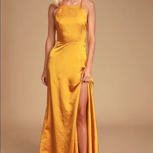 Lulu’s Total Beauty Golden Yellow Satin Backless Maxi Dress